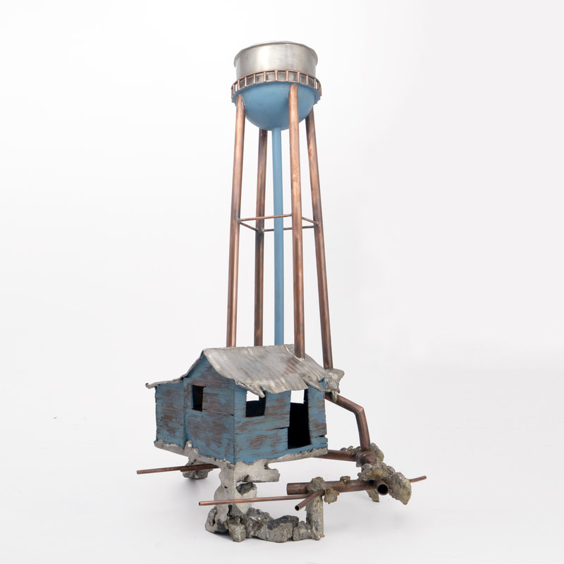 Pewter and copper water tower and farmhouse