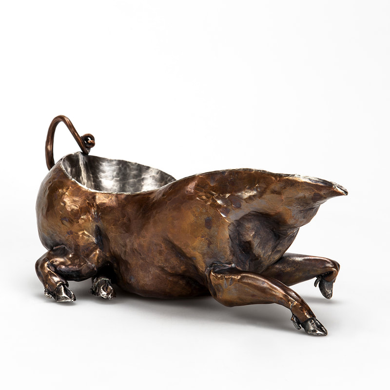 Raised and Chased Silver and Copper Pig Gravy Boat