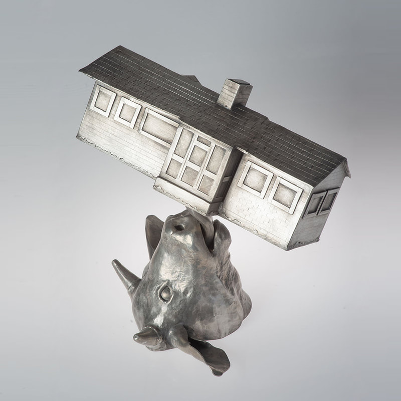 Angle Raised and Chased Bull and House Sculpture