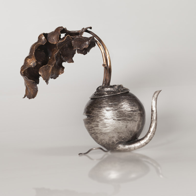 Raised and Chased Sterling Silver and Brass Turnip Teapot